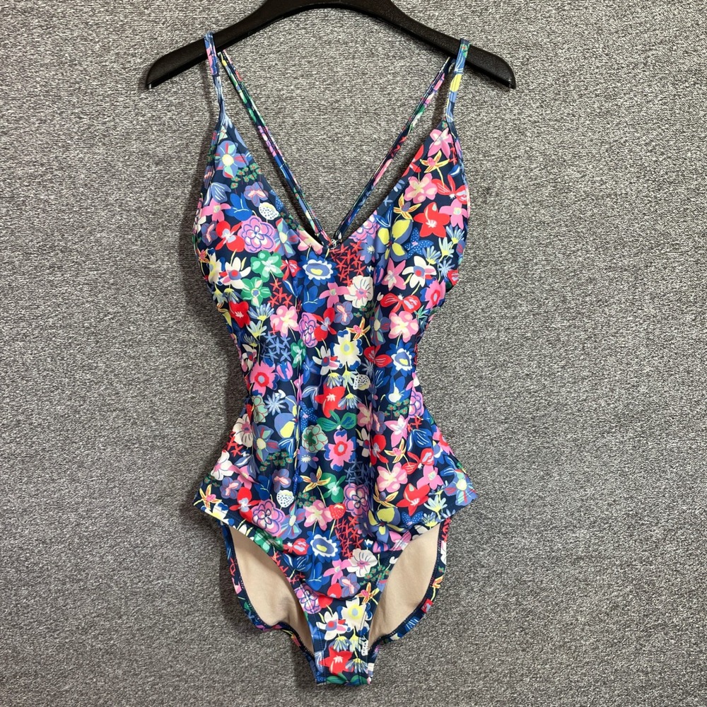 Tea Collection Womens Floral One Piece Swimsuit Blue Pink Cross Back Size M